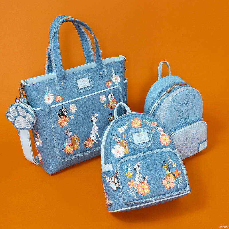 DISNEY DOGS AND CATS FAUX DENIM CONVERTIBLE TOTE BAG WITH COIN BAG