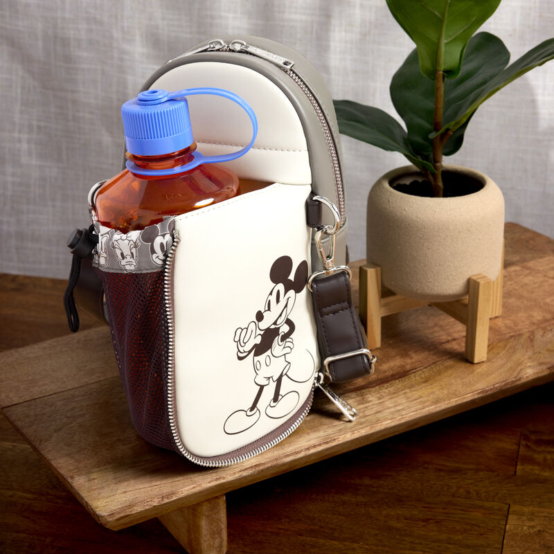 DISNEY MICKEY AND FRIENDS FAUX LEATHER AND CANVAS WATER BOTTLE CROSSBODY BAG