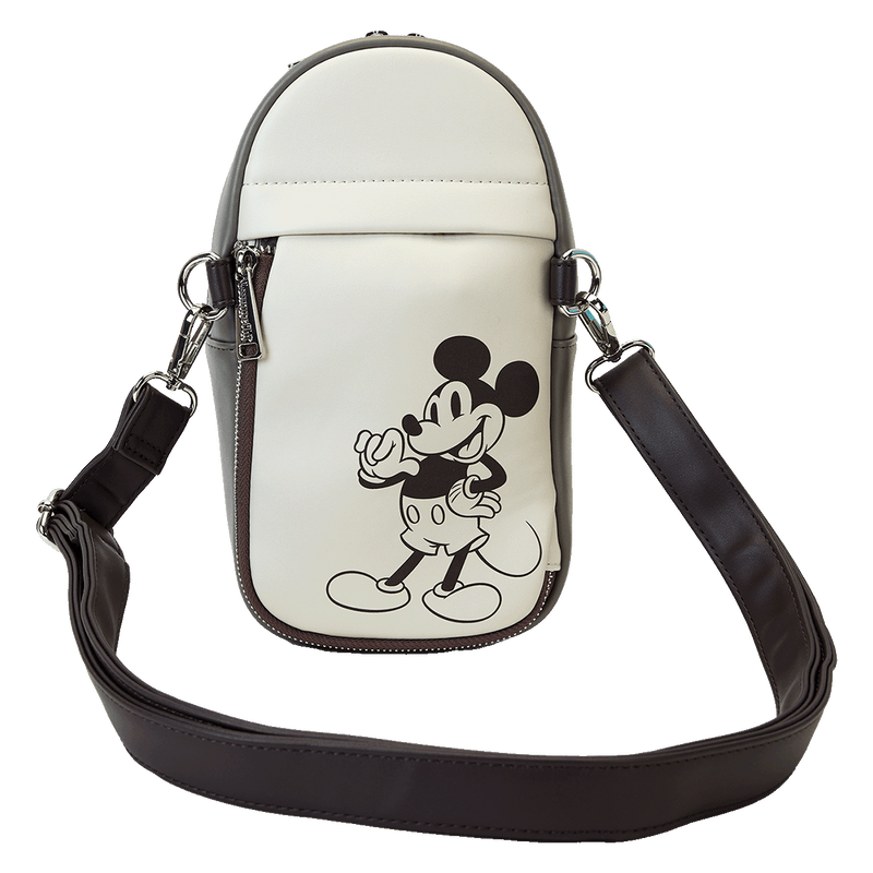 DISNEY MICKEY AND FRIENDS FAUX LEATHER AND CANVAS WATER BOTTLE CROSSBODY BAG